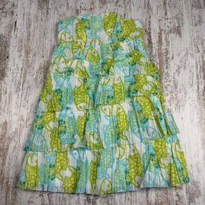 Lilly Pulitzer Fish Print Tiered Strapless Mini Dress Green Blue Sz 2 Tropical